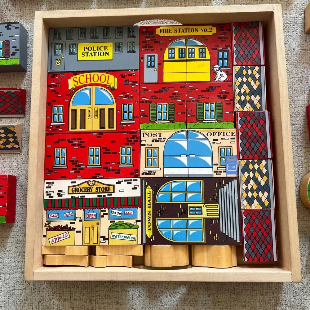 Melissa & Doug Classic Wooden Town Blocks 45+ Pc Building Set in Storage Tray